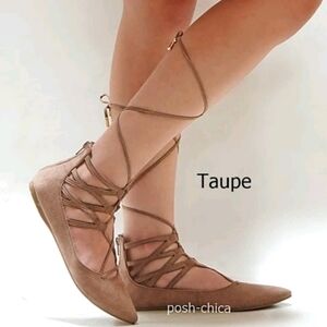 New Taupe Lace-Up Pointed Toe Ballet Flats
